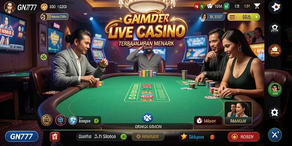 Screenshot gameplay GN777 menampilkan dealer profesional dan suasana kasino yang hidup.