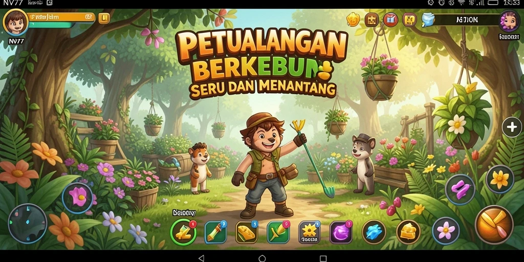 Tampilan menarik dari gameplay berkebun di NV77 yang penuh warna.