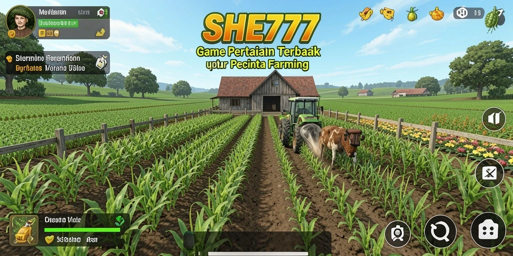 Tampilan gameplay SHE777 dengan ladang pertanian yang subur.