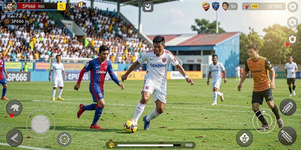 Screenshot menunjukkan momen seru dalam permainan sepak bola SP666.